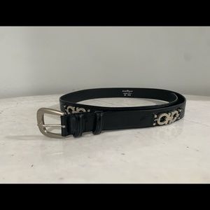 Salvatore Ferragamo Black Leather Belt with Silver Gancini Accents